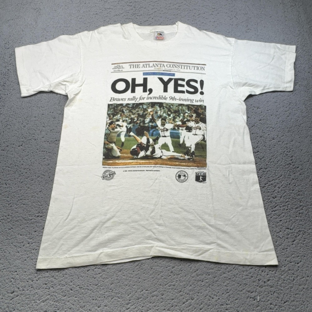 Vintage Atlanta Braves Shirt Mens Large White MLB Baseball‎ 1992 Sid Bream Slide